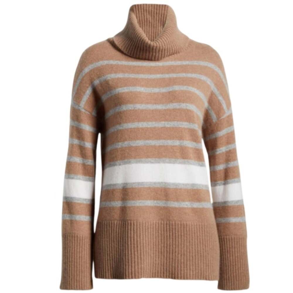 Magaschoni Stripe Cashmere Turtleneck Sweater In Toasted Brown Size L